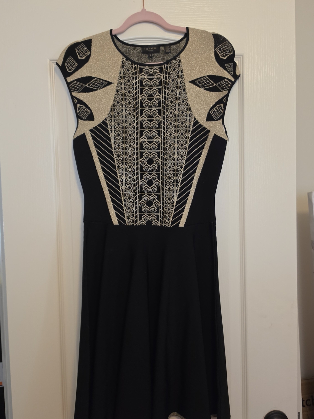 Ted Baker Black and Gold Embroidered Cap-Sleeve Fit-&-Flare Mini Dress